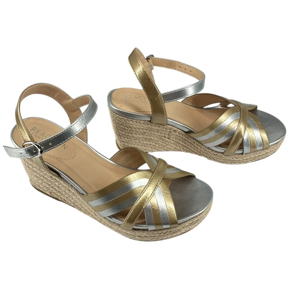 Kenneth Cole Reaction Comi Wedge Espadrille Sandals Gold Silver‎ 5.5M NIB